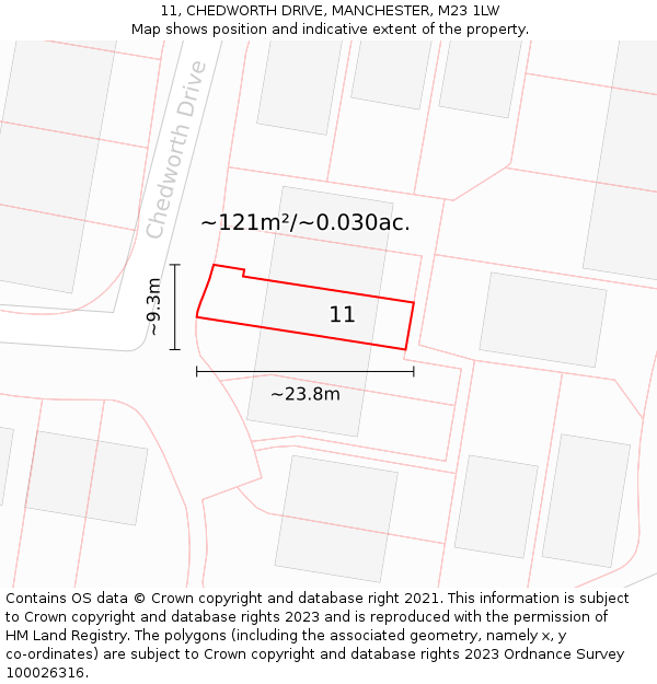 11, CHEDWORTH DRIVE, MANCHESTER, M23 1LW: Plot and title map