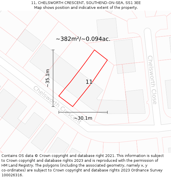 11, CHELSWORTH CRESCENT, SOUTHEND-ON-SEA, SS1 3EE: Plot and title map