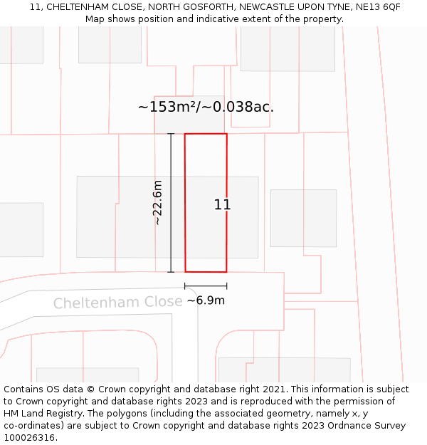 11, CHELTENHAM CLOSE, NORTH GOSFORTH, NEWCASTLE UPON TYNE, NE13 6QF: Plot and title map