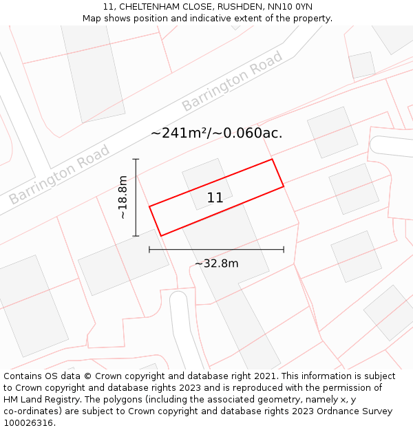 11, CHELTENHAM CLOSE, RUSHDEN, NN10 0YN: Plot and title map