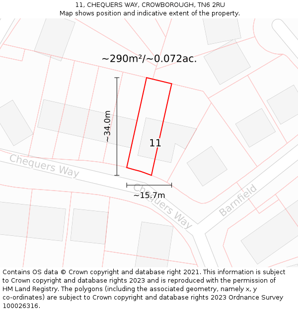 11, CHEQUERS WAY, CROWBOROUGH, TN6 2RU: Plot and title map