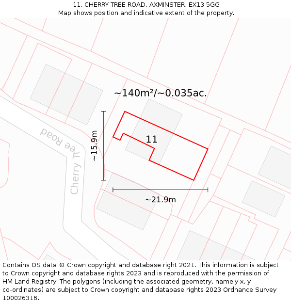 11, CHERRY TREE ROAD, AXMINSTER, EX13 5GG: Plot and title map