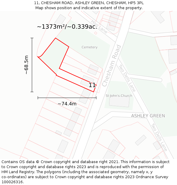 11, CHESHAM ROAD, ASHLEY GREEN, CHESHAM, HP5 3PL: Plot and title map