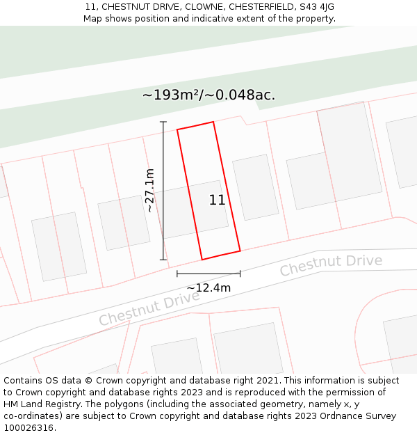 11, CHESTNUT DRIVE, CLOWNE, CHESTERFIELD, S43 4JG: Plot and title map