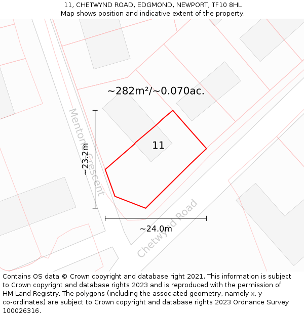 11, CHETWYND ROAD, EDGMOND, NEWPORT, TF10 8HL: Plot and title map