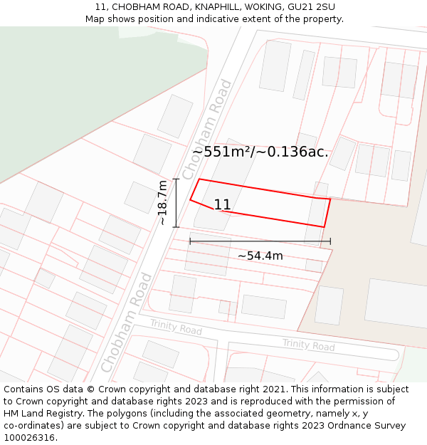 11, CHOBHAM ROAD, KNAPHILL, WOKING, GU21 2SU: Plot and title map