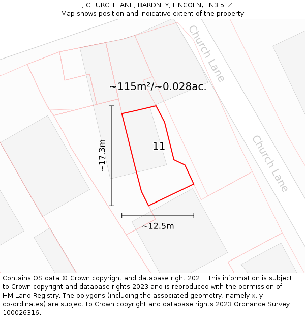 11, CHURCH LANE, BARDNEY, LINCOLN, LN3 5TZ: Plot and title map