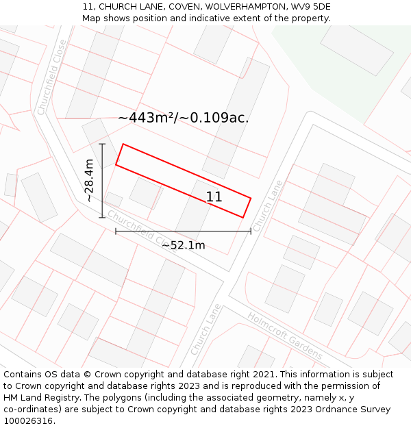 11, CHURCH LANE, COVEN, WOLVERHAMPTON, WV9 5DE: Plot and title map