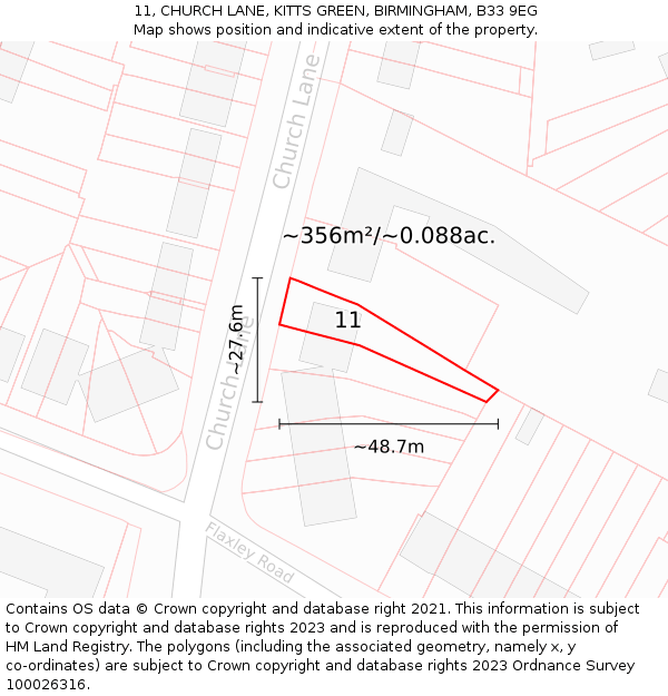 11, CHURCH LANE, KITTS GREEN, BIRMINGHAM, B33 9EG: Plot and title map