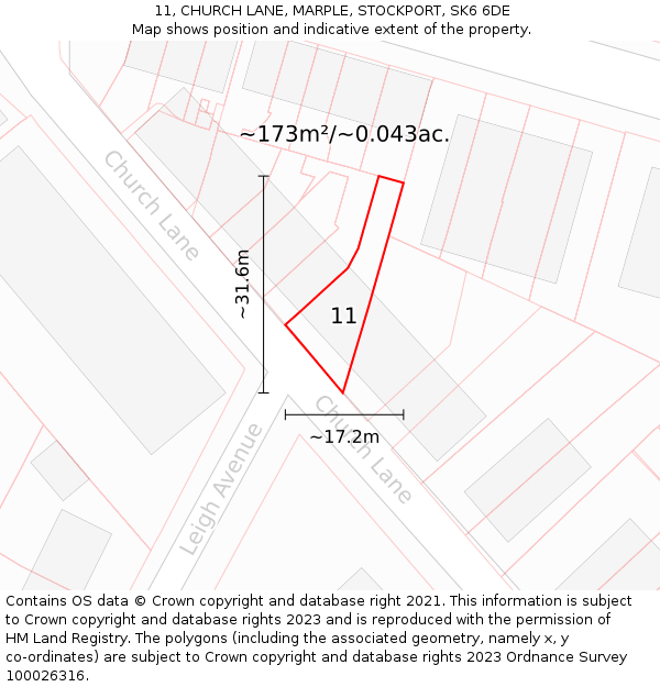 11, CHURCH LANE, MARPLE, STOCKPORT, SK6 6DE: Plot and title map