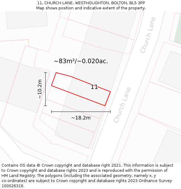 11, CHURCH LANE, WESTHOUGHTON, BOLTON, BL5 3PP: Plot and title map