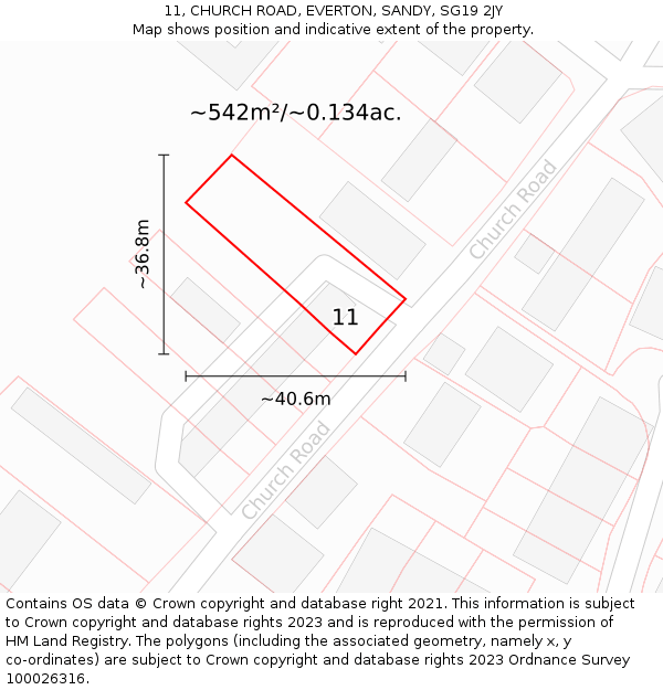 11, CHURCH ROAD, EVERTON, SANDY, SG19 2JY: Plot and title map