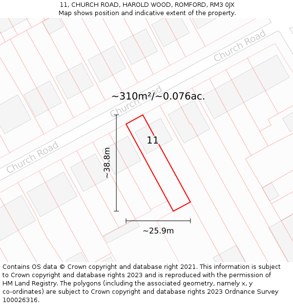 11, CHURCH ROAD, HAROLD WOOD, ROMFORD, RM3 0JX: Plot and title map