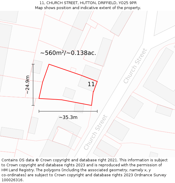 11, CHURCH STREET, HUTTON, DRIFFIELD, YO25 9PR: Plot and title map