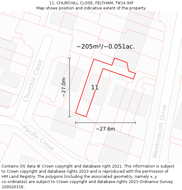 11, CHURCHILL CLOSE, FELTHAM, TW14 9XF: Plot and title map