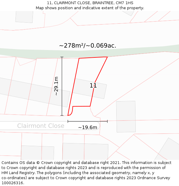 11, CLAIRMONT CLOSE, BRAINTREE, CM7 1HS: Plot and title map
