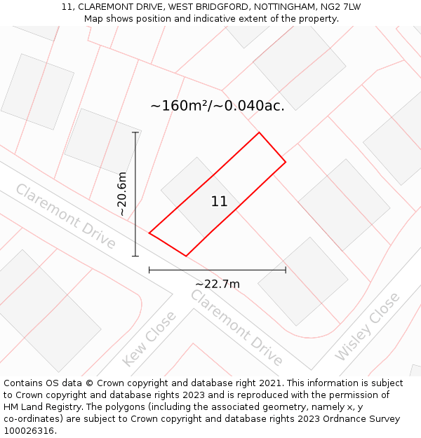 11, CLAREMONT DRIVE, WEST BRIDGFORD, NOTTINGHAM, NG2 7LW: Plot and title map