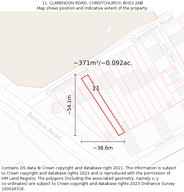 11, CLARENDON ROAD, CHRISTCHURCH, BH23 2AB: Plot and title map