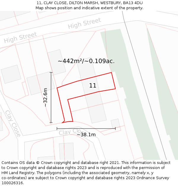 11, CLAY CLOSE, DILTON MARSH, WESTBURY, BA13 4DU: Plot and title map