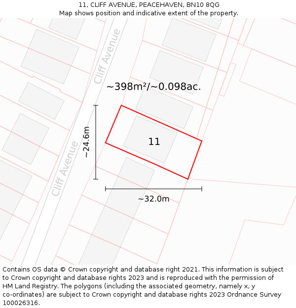 11, CLIFF AVENUE, PEACEHAVEN, BN10 8QG: Plot and title map