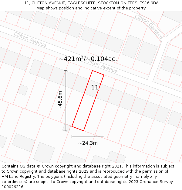 11, CLIFTON AVENUE, EAGLESCLIFFE, STOCKTON-ON-TEES, TS16 9BA: Plot and title map