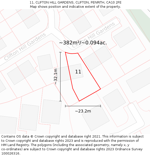 11, CLIFTON HILL GARDENS, CLIFTON, PENRITH, CA10 2FE: Plot and title map