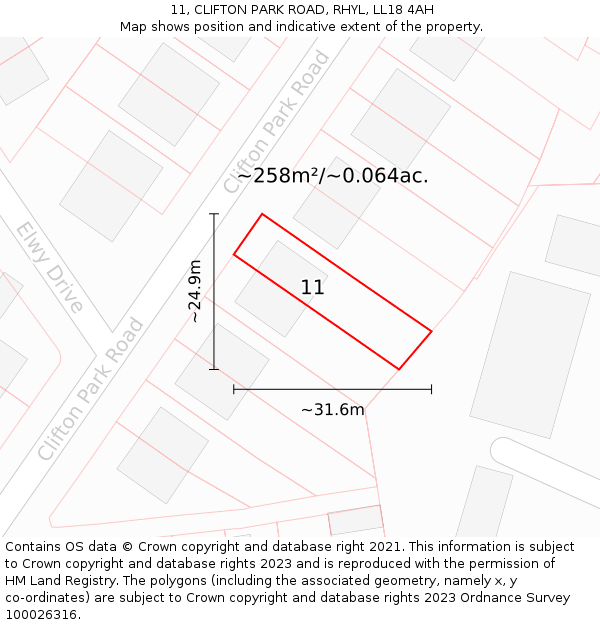 11, CLIFTON PARK ROAD, RHYL, LL18 4AH: Plot and title map