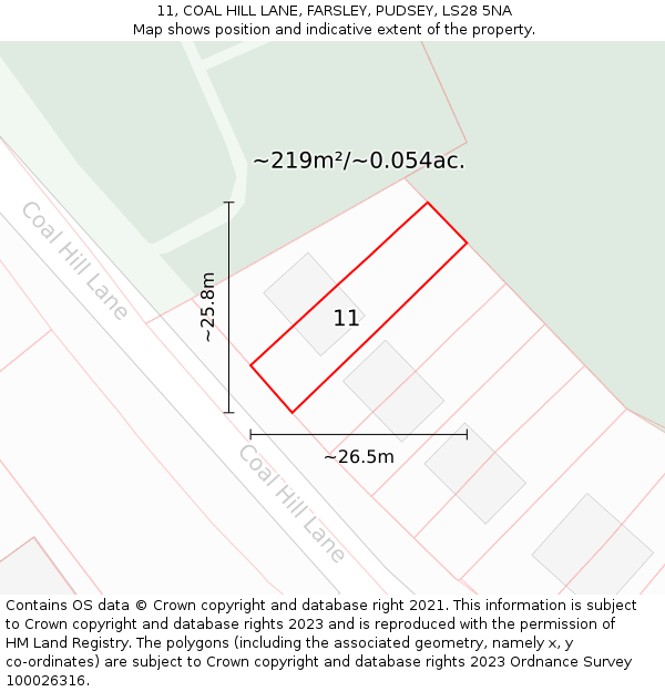 11, COAL HILL LANE, FARSLEY, PUDSEY, LS28 5NA: Plot and title map