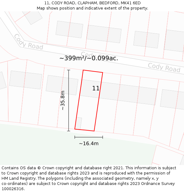 11, CODY ROAD, CLAPHAM, BEDFORD, MK41 6ED: Plot and title map