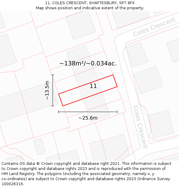 11, COLES CRESCENT, SHAFTESBURY, SP7 8FX: Plot and title map