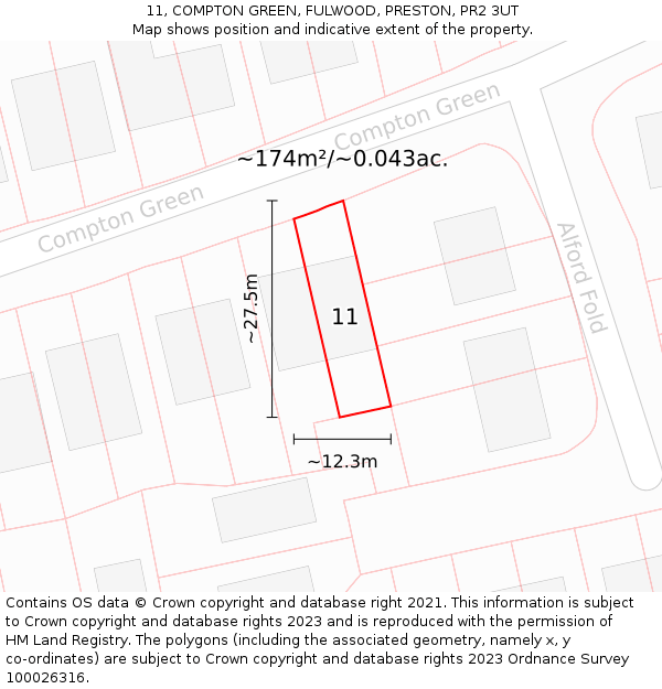 11, COMPTON GREEN, FULWOOD, PRESTON, PR2 3UT: Plot and title map