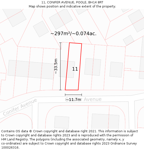 11, CONIFER AVENUE, POOLE, BH14 8RT: Plot and title map