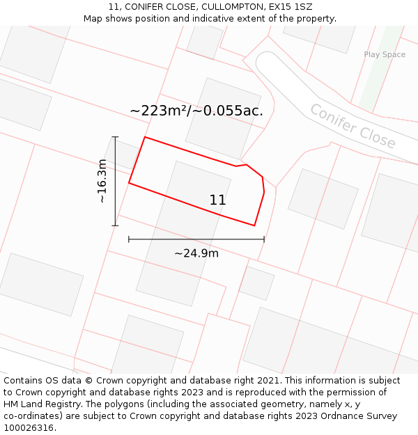 11, CONIFER CLOSE, CULLOMPTON, EX15 1SZ: Plot and title map