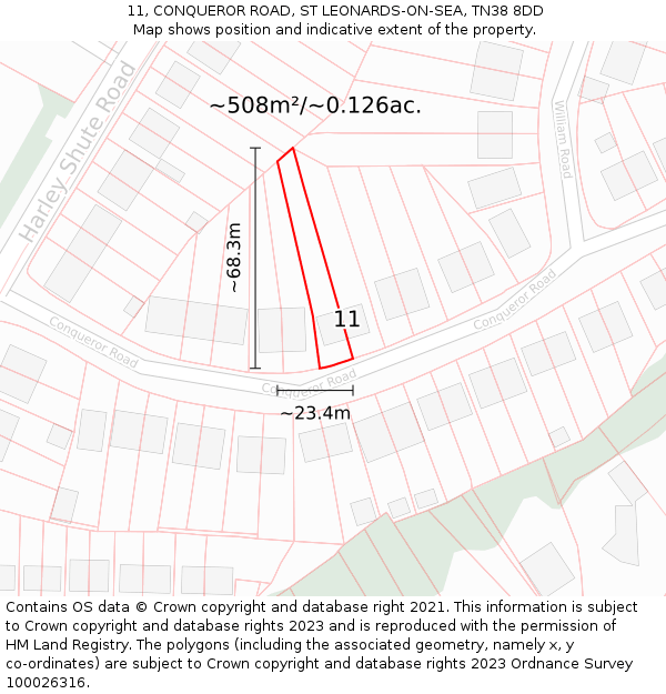 11, CONQUEROR ROAD, ST LEONARDS-ON-SEA, TN38 8DD: Plot and title map