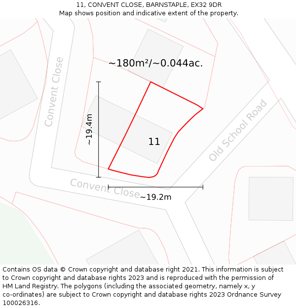 11, CONVENT CLOSE, BARNSTAPLE, EX32 9DR: Plot and title map