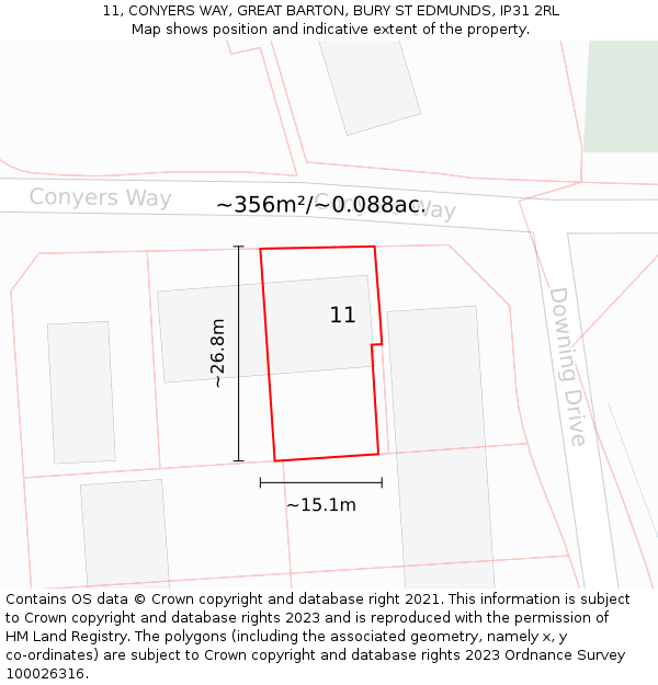 11, CONYERS WAY, GREAT BARTON, BURY ST EDMUNDS, IP31 2RL: Plot and title map