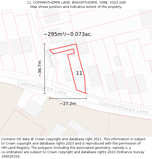 11, COPMANTHORPE LANE, BISHOPTHORPE, YORK, YO23 2QR: Plot and title map