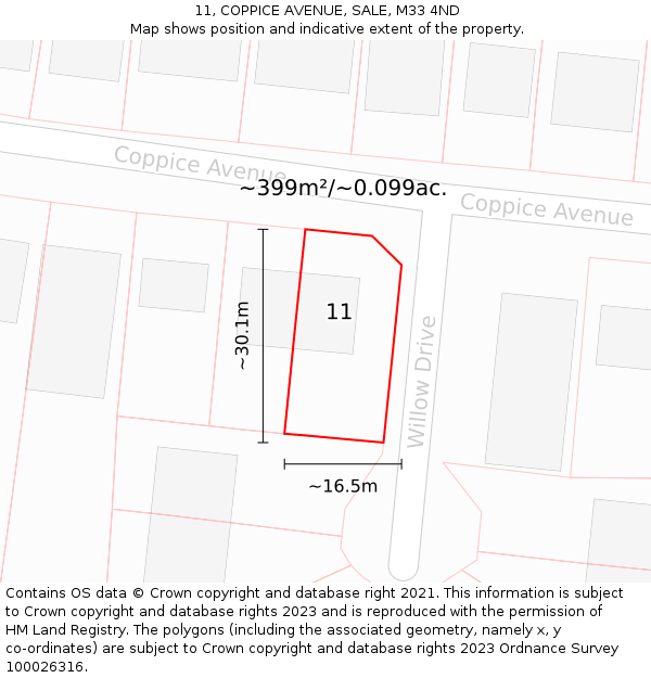 11, COPPICE AVENUE, SALE, M33 4ND: Plot and title map