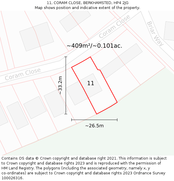 11, CORAM CLOSE, BERKHAMSTED, HP4 2JG: Plot and title map