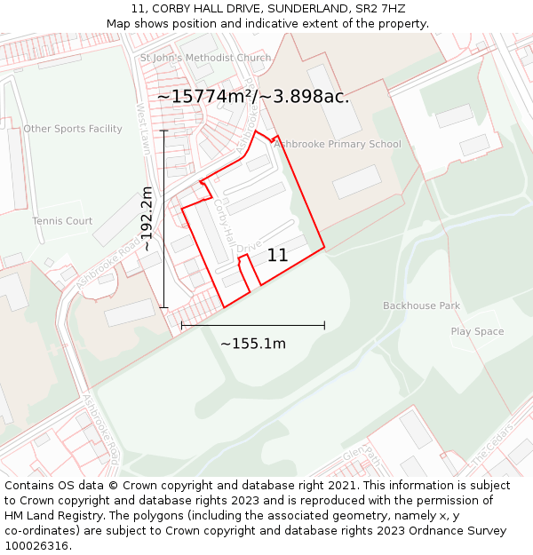 11, CORBY HALL DRIVE, SUNDERLAND, SR2 7HZ: Plot and title map