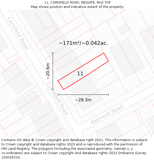 11, CORNFIELD ROAD, REIGATE, RH2 7HF: Plot and title map