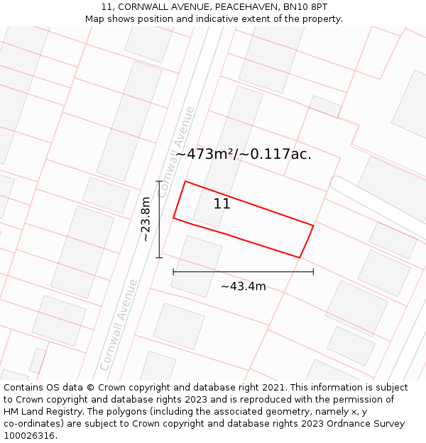 11, CORNWALL AVENUE, PEACEHAVEN, BN10 8PT: Plot and title map