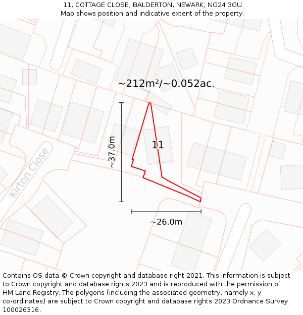 11, COTTAGE CLOSE, BALDERTON, NEWARK, NG24 3GU: Plot and title map