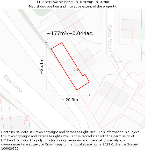 11, COTTS WOOD DRIVE, GUILDFORD, GU4 7RB: Plot and title map