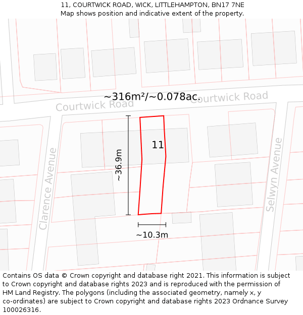 11, COURTWICK ROAD, WICK, LITTLEHAMPTON, BN17 7NE: Plot and title map