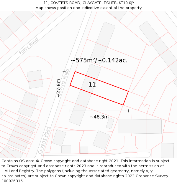 11, COVERTS ROAD, CLAYGATE, ESHER, KT10 0JY: Plot and title map