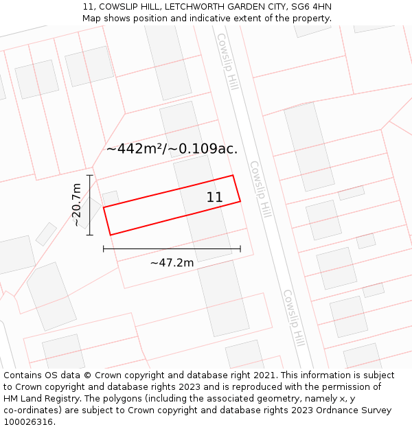 11, COWSLIP HILL, LETCHWORTH GARDEN CITY, SG6 4HN: Plot and title map