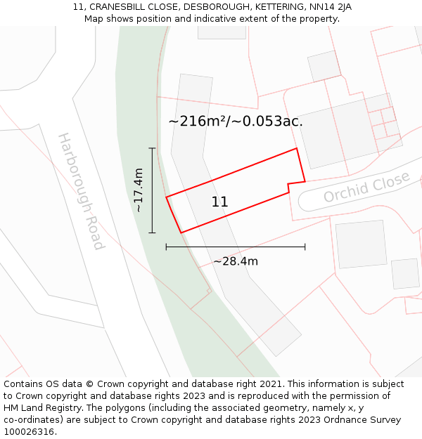 11, CRANESBILL CLOSE, DESBOROUGH, KETTERING, NN14 2JA: Plot and title map