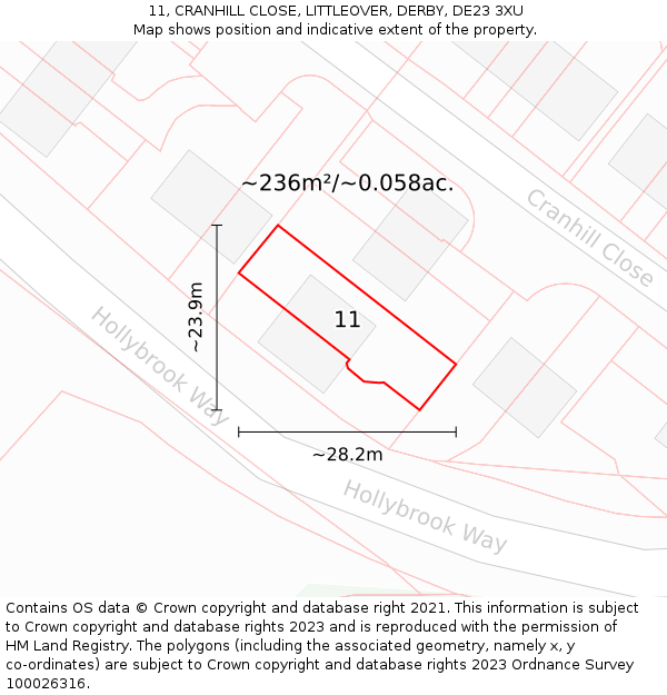 11, CRANHILL CLOSE, LITTLEOVER, DERBY, DE23 3XU: Plot and title map