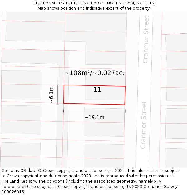 11, CRANMER STREET, LONG EATON, NOTTINGHAM, NG10 1NJ: Plot and title map